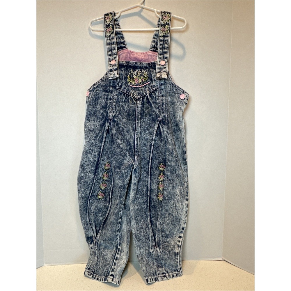 Vintage Popsicle Brand Denim Floral Embroidered Overalls Size 4 Acid Wash